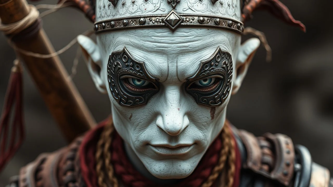 Tribal warrior; White skinned; metal orbs for eyes.