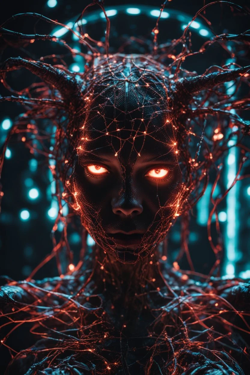 Demon girl, fullbody, creepy, horrifying, sinister, many wires connected to the head lumen lighting, led lights, sparks around her, sparks cybernetic,high lighting, intricate, 8k, macro photography,