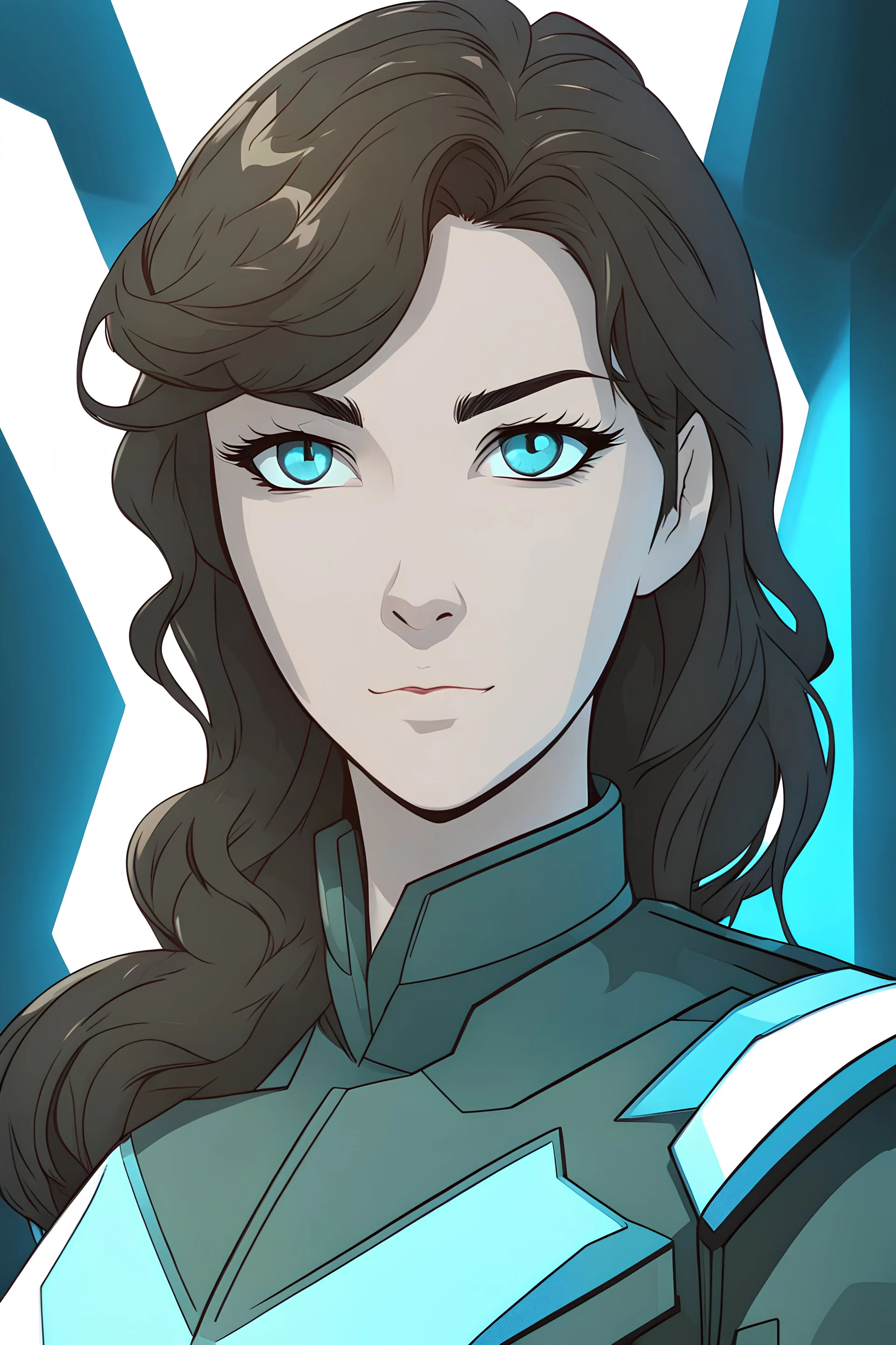 Woman dark brown and wavy hair, vivid sapphire blue eyes, light blue futuristic military uniform, smirking, grinning, military background, RWBY animation style