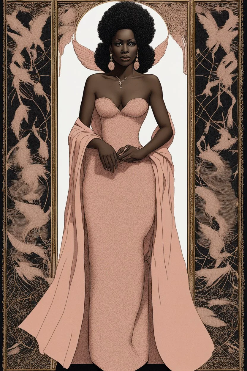 Bathed in celestial luminescence, an uber-elegant funeral bookmark unfurls upon shimmering salmon pink cardstock. Woven from 24 karat threads, it portrays an exquisitely-tanned, biracial Black woman in her twilight years, her beauty frozen in time, every feather-light wrinkle etched with grace. Encircling her visage, a tapestry of gilded, verdant filigrees unfurls, swirling like the tendrils of an ancient vine, adorned with flourishing calligraphy in fonts fit for a queen. Each scroll, each flou