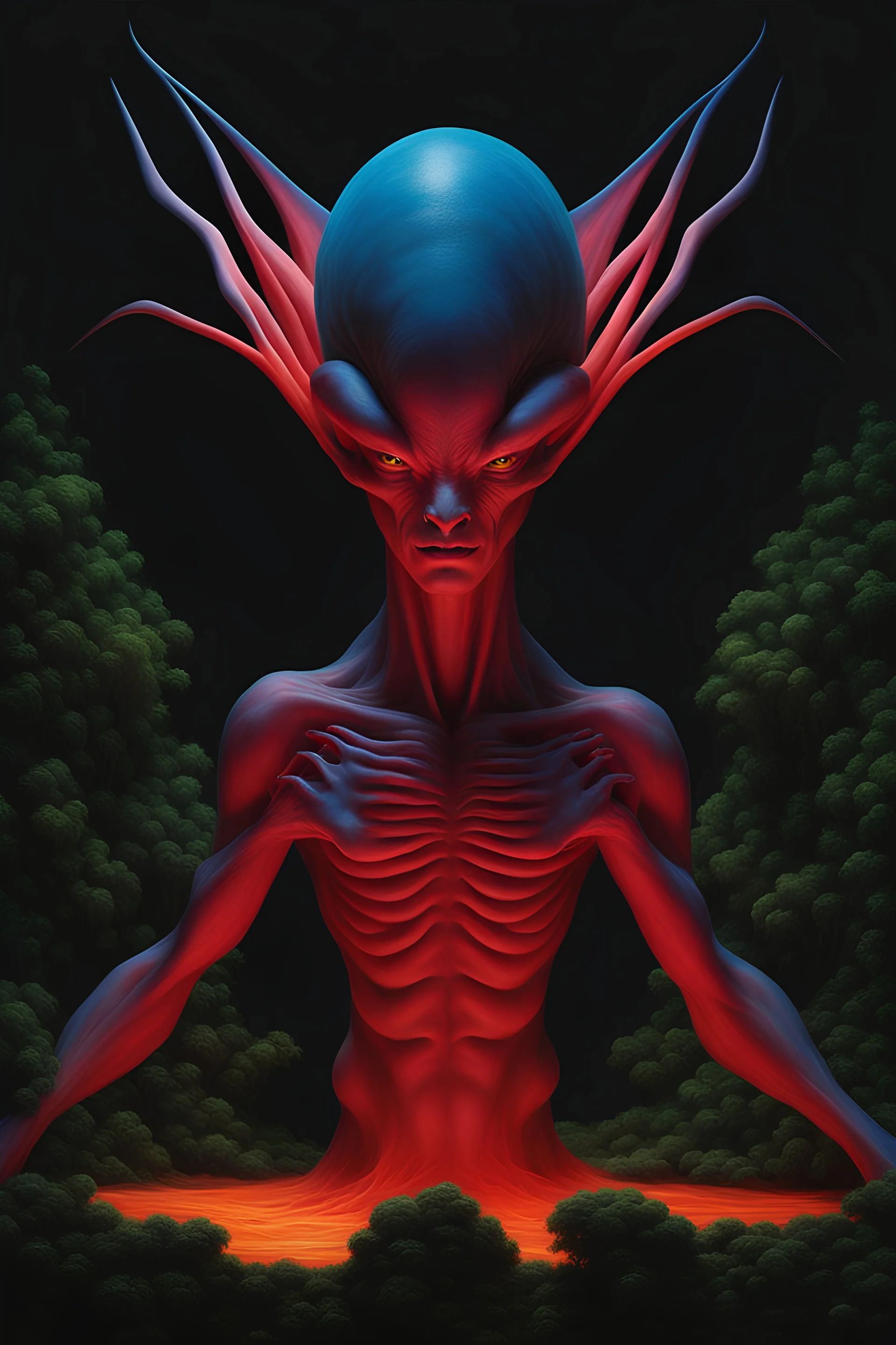 mutant alien by wayne barlowe, roger dean, crisp oil painting, chiaroscuro by leonardo da vinci, award winning photography, photorealisic, IPA Awards, abstract background by gabriel dawe carbon advanced matte materials, obscure dark, complementary colors