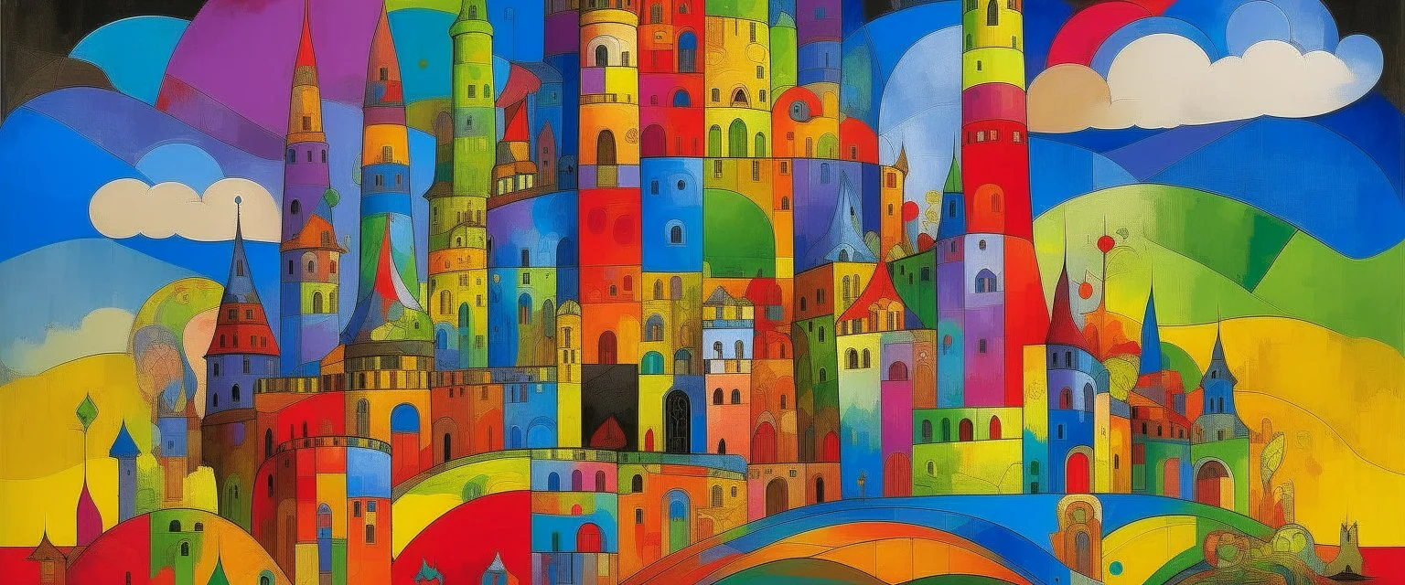 A rainbow empire with a giant castle designed in Maoi statues painted by Wassily Kandinsky