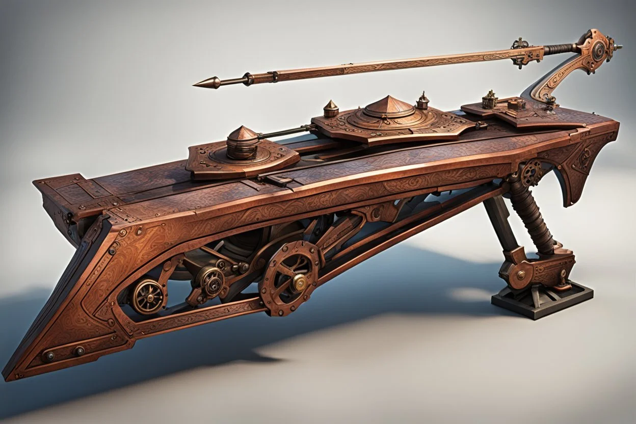 automatic crossbow, ancient dwarven, bolt magazine on top, copper gearpunk, loading handle