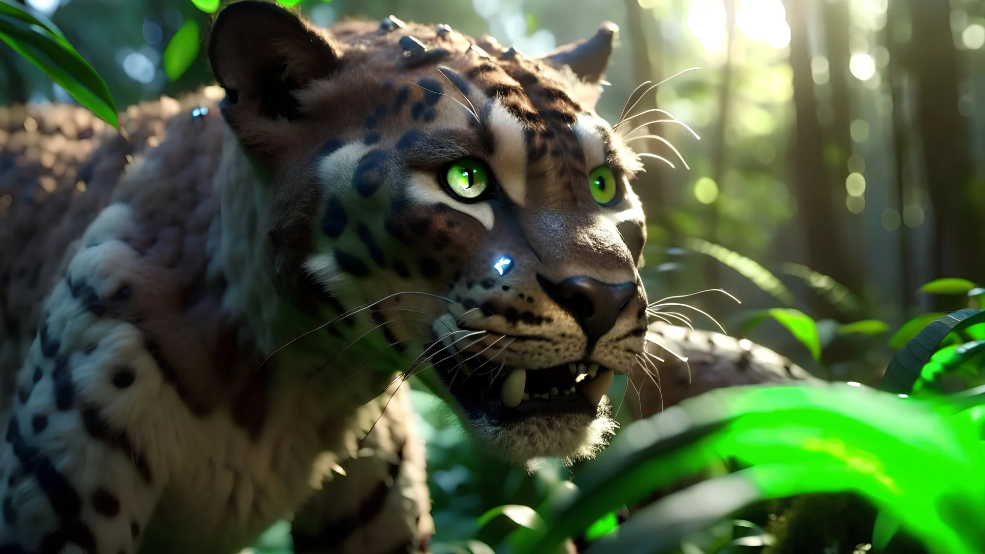 Huge sabre-toothed cat in the jungle with intricately detailed face, professional photography, bokeh, a breathtaking background cinematic side light, wide shot shot on dslr 64 megapixels sharp focus, canon lens, Hyperrealistic, concept art, 16k resolution