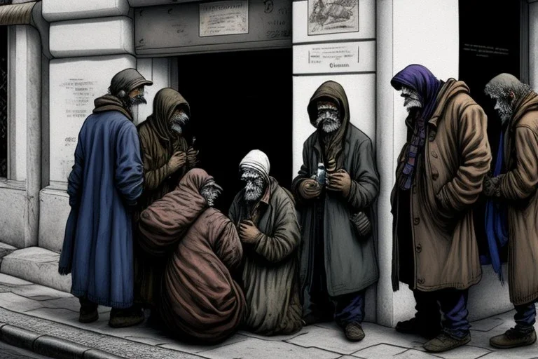 A group mature homeless street cats cats cats with worn out clothes, standing in a corner on the street, holding wine bottles in their wings , Vienna, mourning, model style, hyper realistic, extremely accurate, delicate, extremely detailed, Graphic novel style, wide-angle, open aperture, superfine pencil