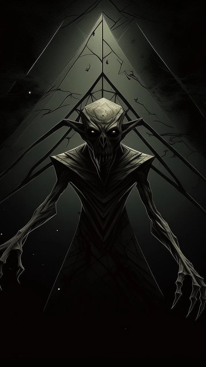 A demonic figure with a triangular body with long arms and creepy small eyes that is floating in a dark room