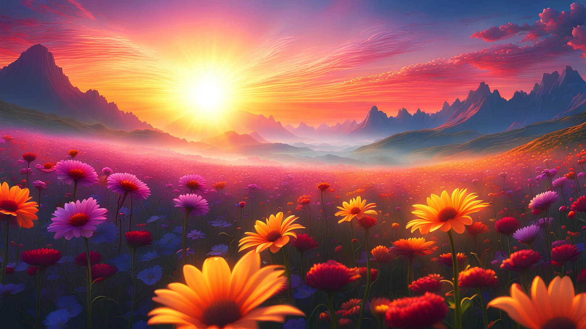 paesaggio eterico sole nascente brillante alta definizione 8k fiori colorati