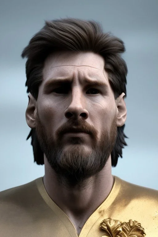 Realistic image, lionel Messi Roman sculpture made in marble with gold veins, gold laurel leaves crown, gold ornaments, Renaissance style, sun rays background, waist up portrait, epic, celestial, cinematic lighting, God lights, 4k resolution, smooth details, soft lighting, unreal engine 5, art station, substance 3d.