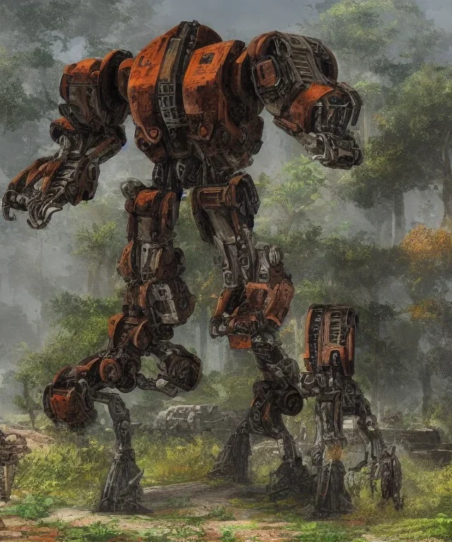 Large rusty destroyed mechwarrior inside a futuristic ancient ruin with plants and animals