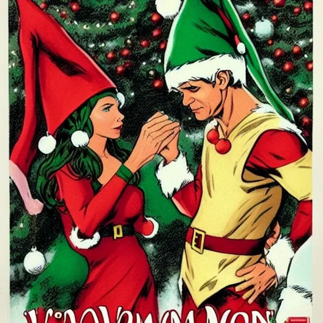 two elves. woman and man. Christmas scene. poster. marvel comic. low-key