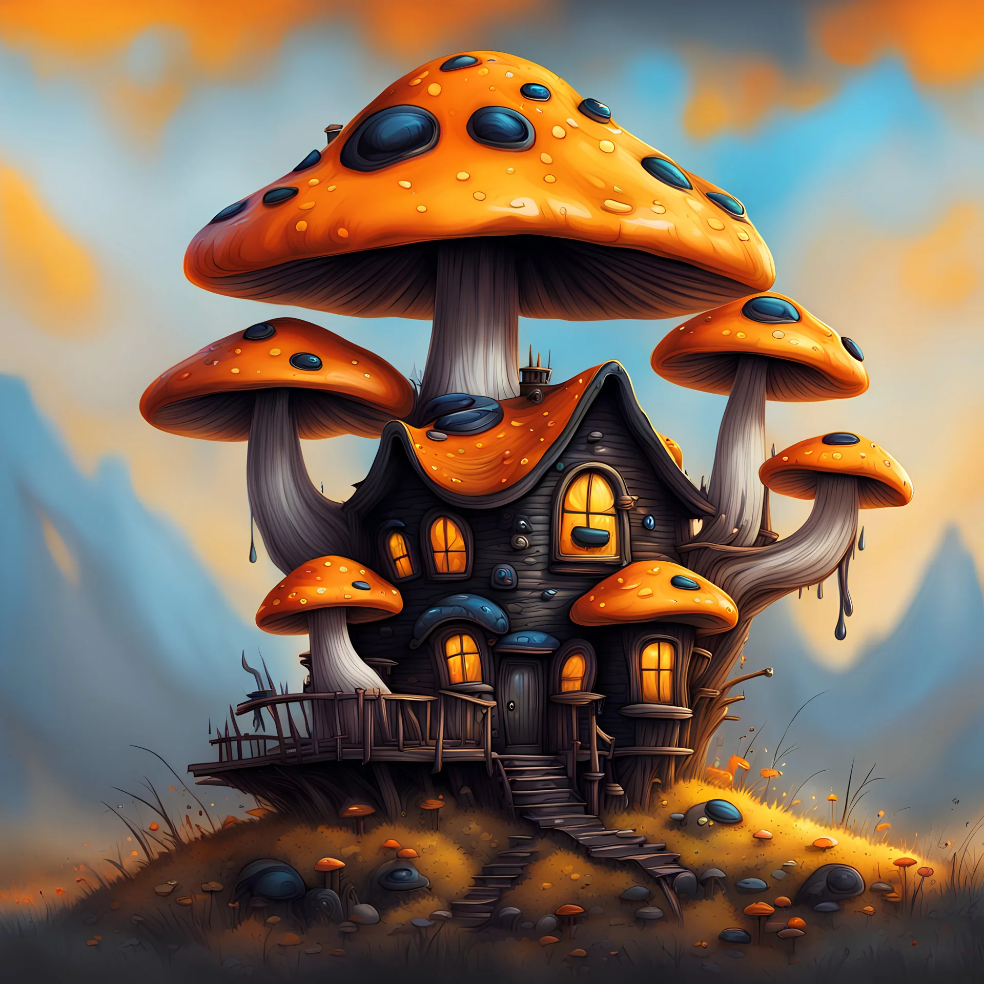 A weird mushroom house with drippy spots and eyeballs on a floating island. black yellow orange blue Detailed gloss Painting, rich color, fantastical, intricate detail, splash screen, hyperdetailed, insane depth, concept art, 8k resolution, trendi