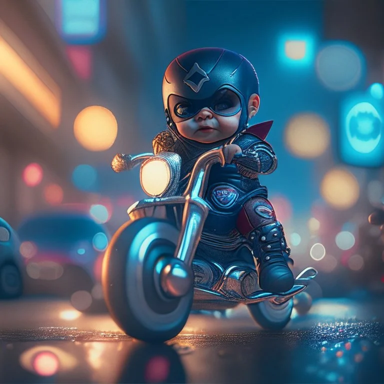 A Sharp Kawaii tiny hyper realistic baby captain america riding mini harley davidson, wearing bikers clothes with happy smile action, night of cyberpunk city background. wide angle full body, 8k, Cinematography, photorealistic,epic composition Unreal Engine,Cinematic, Color Grading, Portrait Photography,Ultra-Wide Angle, Depth of Field, hyper detailed