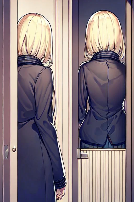 blonde girl whit jacket walk in a corridor, back view, line arts, manga style