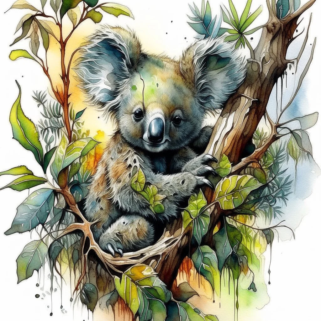 Watercolor and ink illustration of a Koala bear cub clinging to a gnarled eucalyptus branch by Guymick Cormic, reclining amidst tall grass and ferns, surrounded by dense, leafy foliage and wildflowers bathed in the amber glow of sunrise, featuring Brian Froud's fantastical influences combined with the dramatic, fluid styles of Carne Griffiths and Alberto Seveso, 60-30-10 colour harmony evident, mystical symbols interwoven, vibrant splashes Modifiers: elegant extremely detai