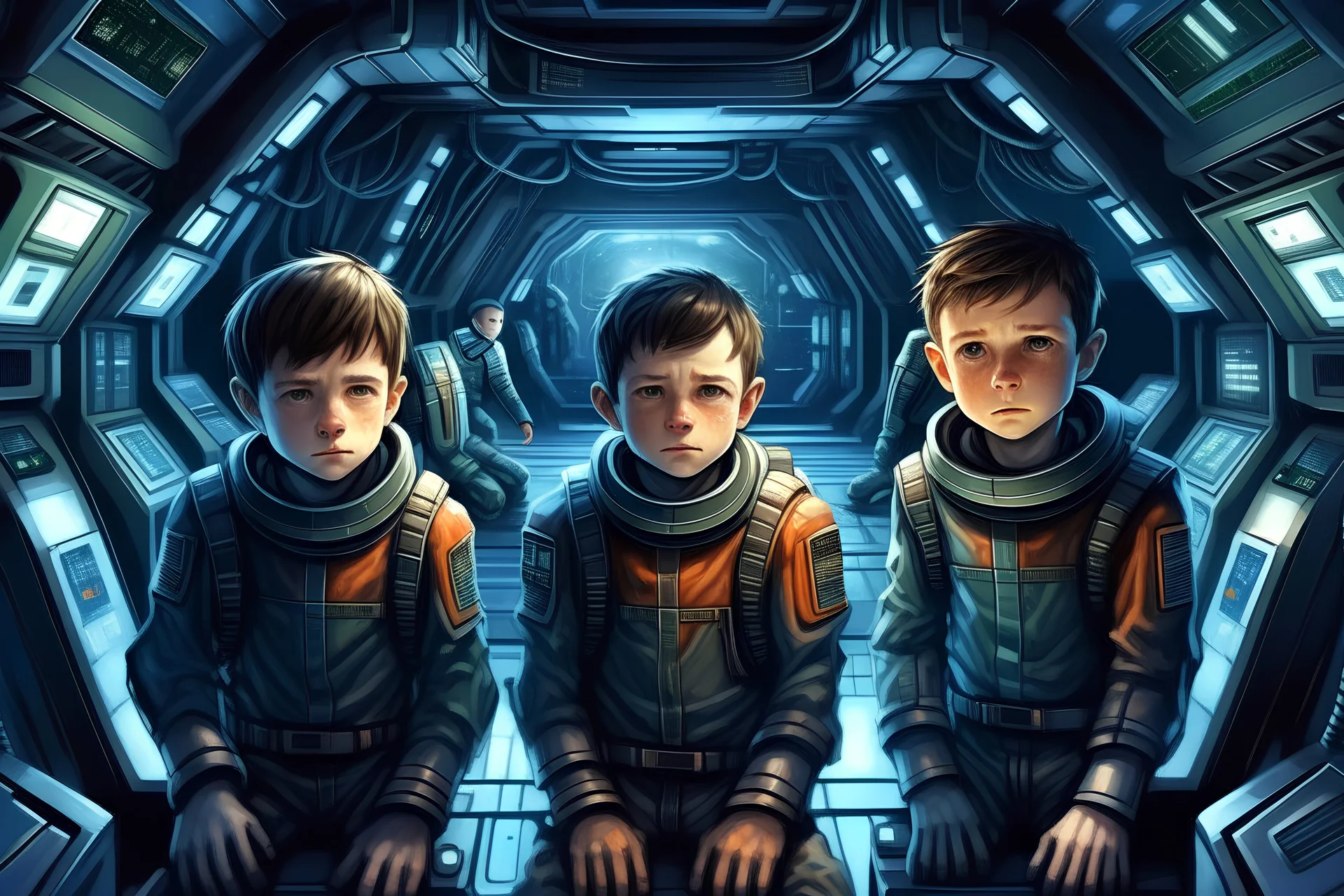 12 year old boys, prisoners, in a space station, futuristic, intricate