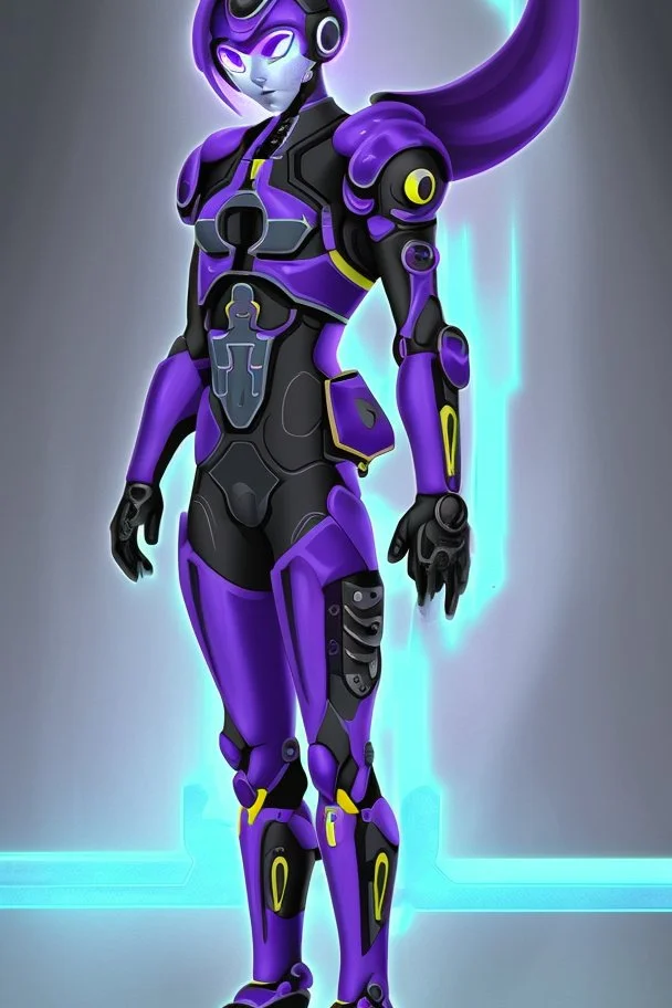 A Genderless Cyborg made of metal, has a human like face with a long violet ponytail, the cybord is wearing armor similar to Megaman Omega. The color palatte of the armour is deep purple and yellow.