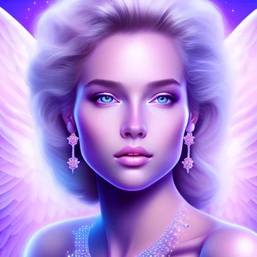 portrait of a beautiful woman with an angel face smiling, pink and blue dress, jewels, soft light aura