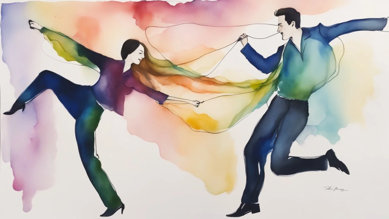 A man and a woman in their thirties dancing swing, drawing alcohol ink, watercolor, fine drawing,