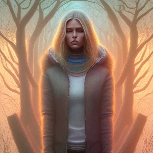 spray painting fantasy art, portrait blonde camela harris in mummy sweater, standing in portal to wet forest world from city world,poetry book illustration