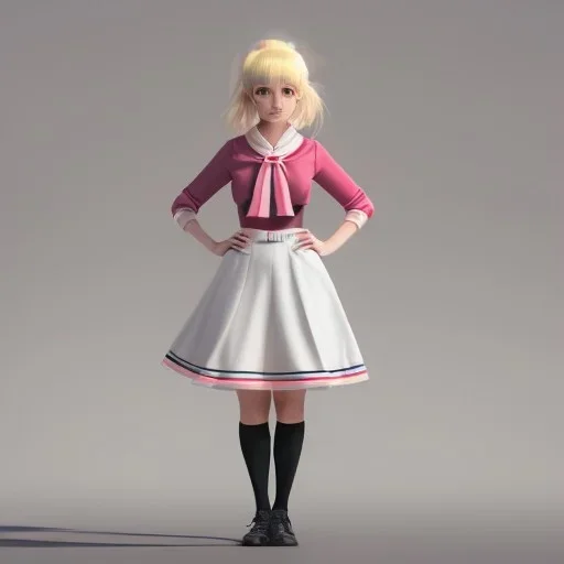 A very cute girl full body,wearing a short skirt,with blonde hair with a fade of light pink,sailor uniform,full round face,teenage girl