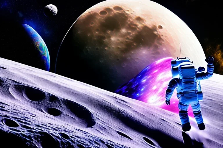 Man Running On The Moon, Galaxy Background, Neon, Neon Lighting, Hyper Detailed, Hyper Realistic,