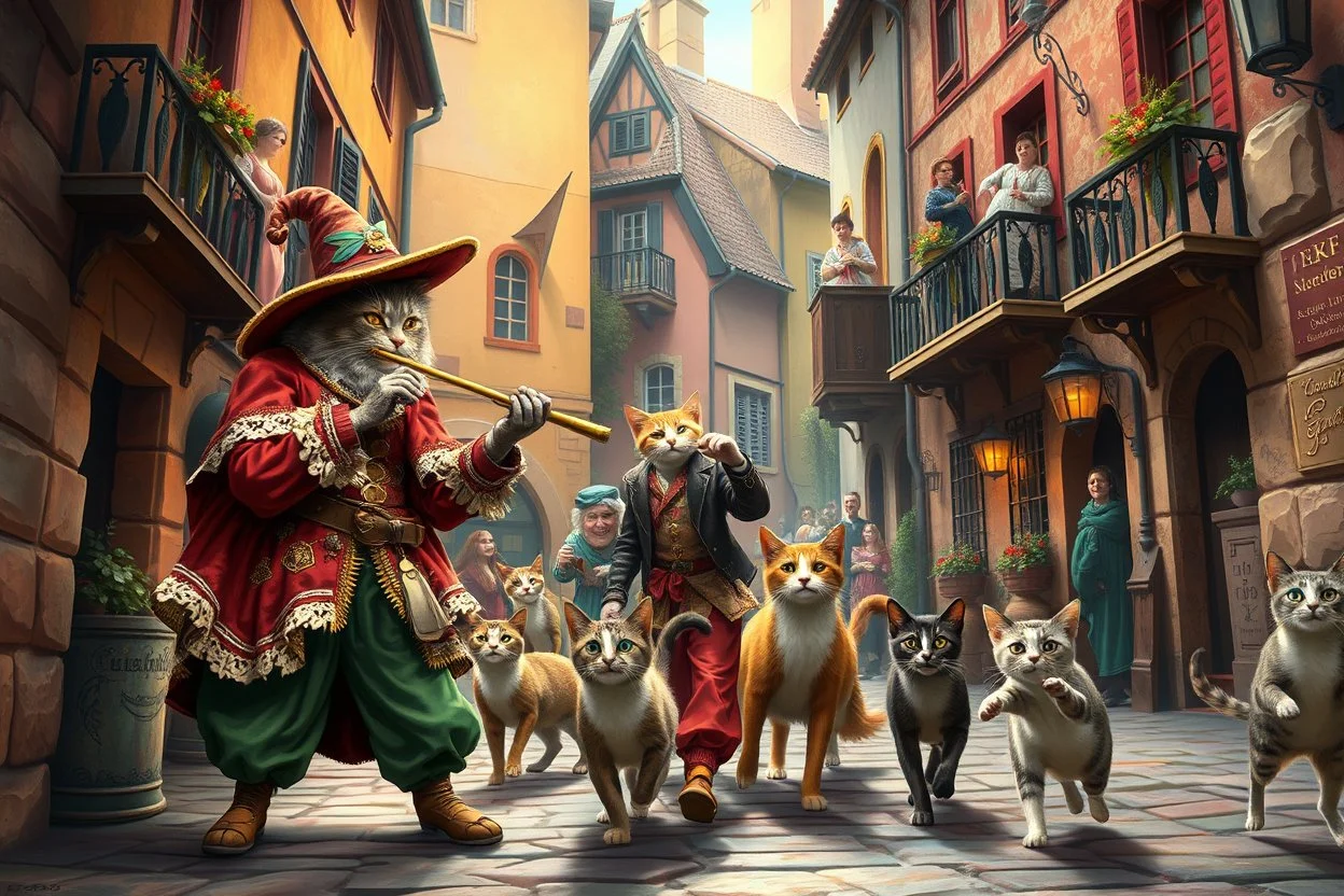 create "The Cat Pied Piper of Hamelin, whimsical and colorful Renaissance attire, playing a golden flute, leading playful and mischievous cats through vibrant, cobbled Renaissance streets, people on balconies laughing and pointing, surreal lighting, dreamlike vibe, highly detailed, vivid colors, painterly style, 8K, magical realism meets historical fiction --v 7 --ar 4:3 --style raw --q 2"