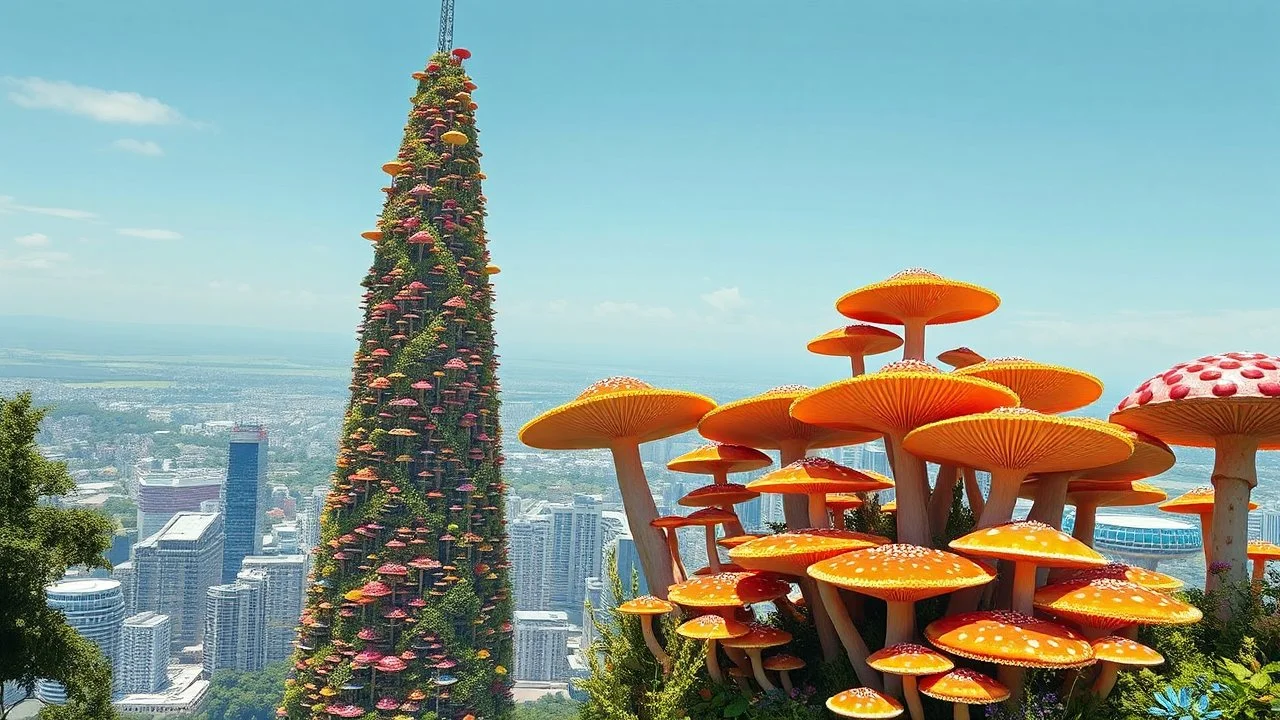 surreal concept art of a skyscraper made entirely out of mushrooms, vibrant colors, intricate details, designed by architect Bjarke Ingels, (long shot), blending nature and architecture in a unique way