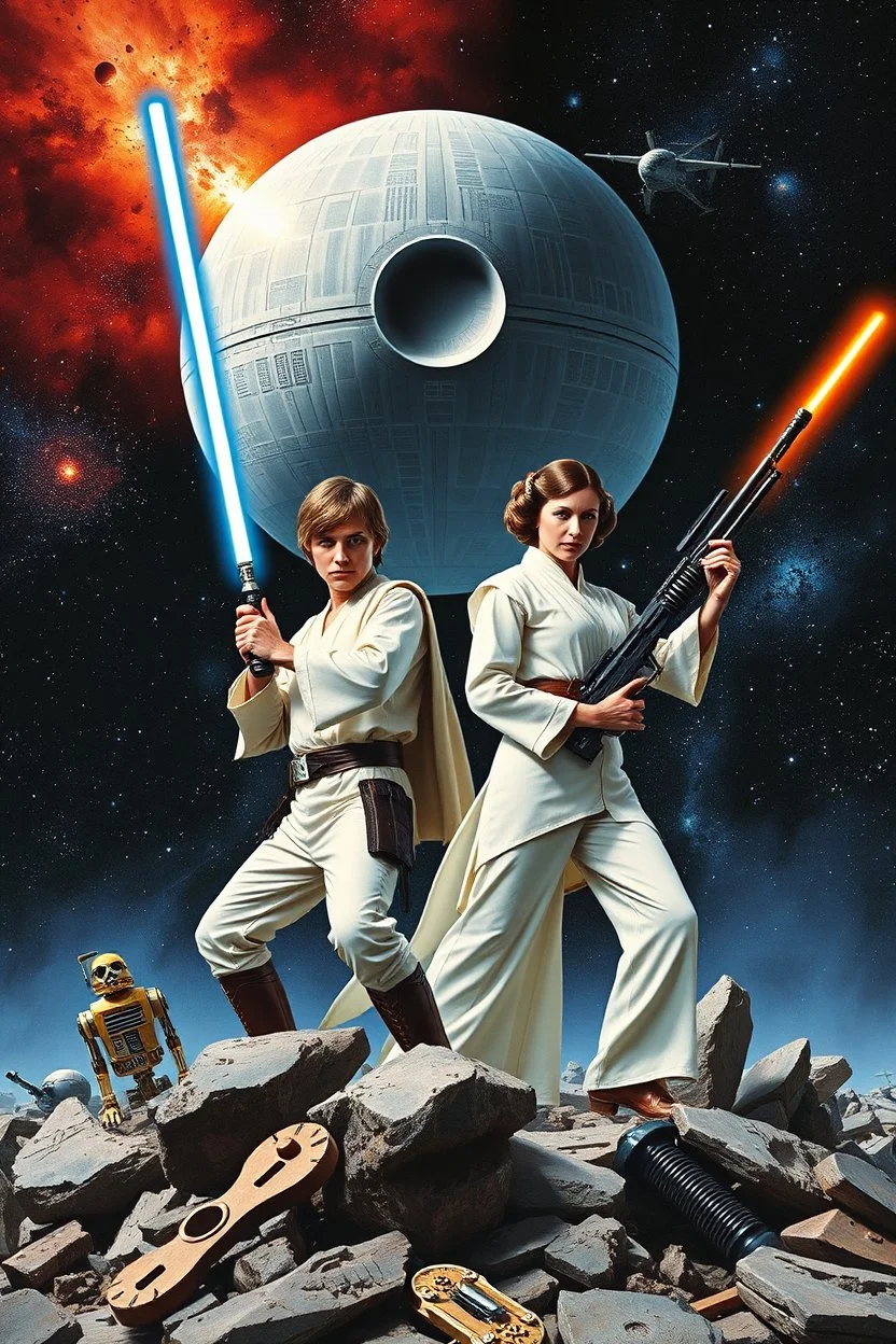 stars nebula and the Death Star large at top, in front in poses from the original star wars posters is Luke Skywalker with lightsaber and Princess Leia Organa with upward pointing raygun both in white clothing atop crumbling stone and broken parts of c-3po astromech and other droids