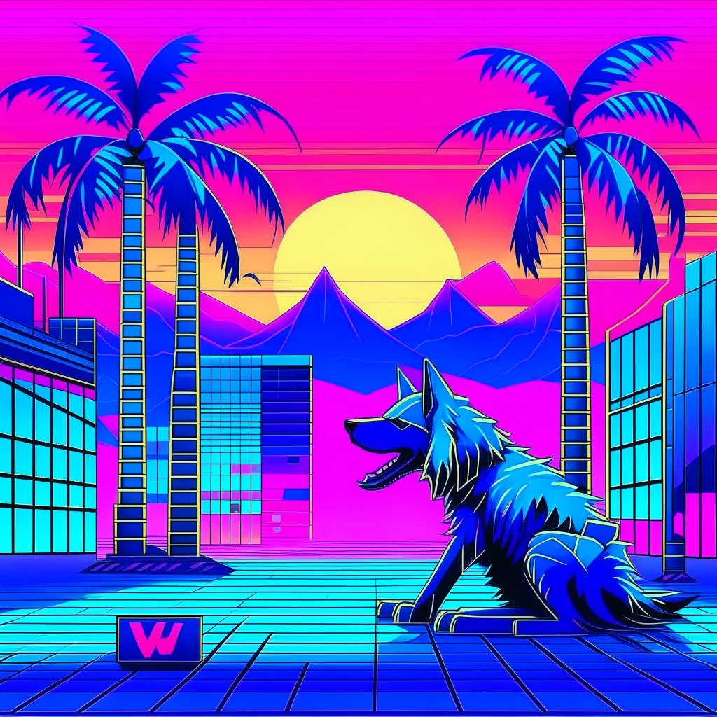 A 2D Vaporwave would depict the robotic dog from Doctor Who in bright neon purples, pinks, and blues, with digital glitch patterns, gradient transitions, and a retro-futuristic background of grid patterns, pixel art palm trees, and Japanese kanji characters, blending K-9’s boxy, angular form with the nostalgic and surreal aesthetics of vaporwave.