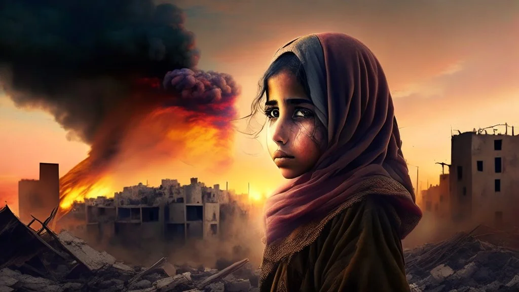 close young palestinian girl with a kuffeah. Large clouds of smoke rise from the land of gaza . With demolished buildings in the background. with sunset colors Made in the palestinian style