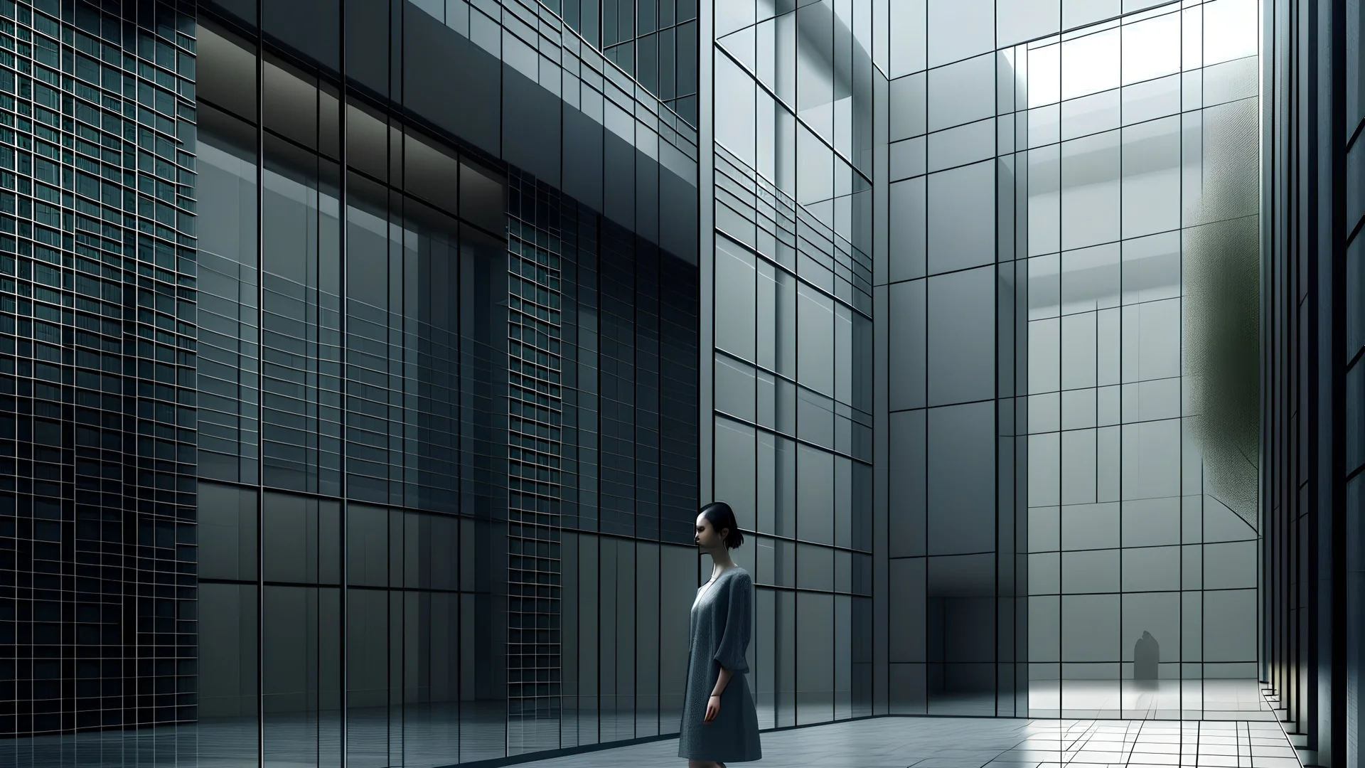 a woman is standing in front of a building, a digital rendering by David Chipperfield, cgsociety, modernism, vray tracing, vray, made of glass