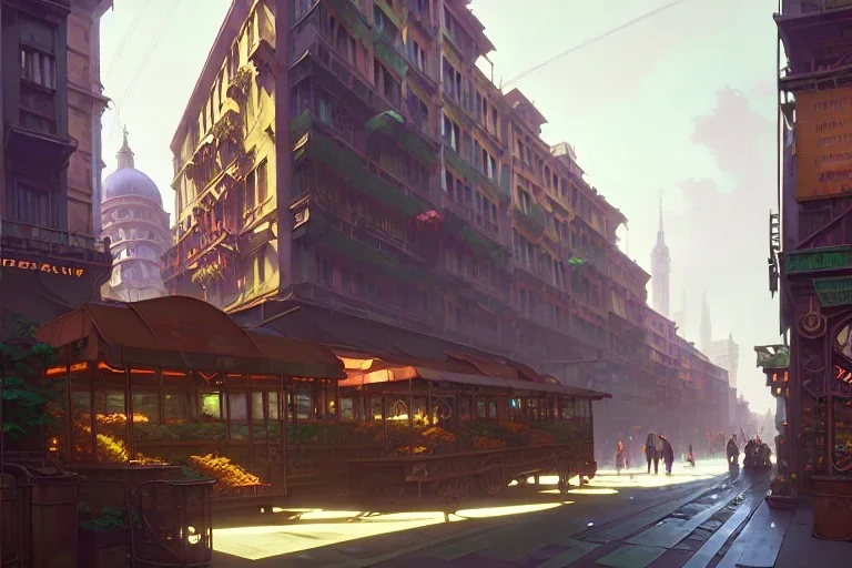 Elevated Train pass+corner building+train+greengrocer in colorful genoa street+Italian medieval town +Italian city sea+alphonse mucha, greg rutkowski,matte painting, cryengine, hyper detailed, felix kelly, fantasy art, seb mckinnon