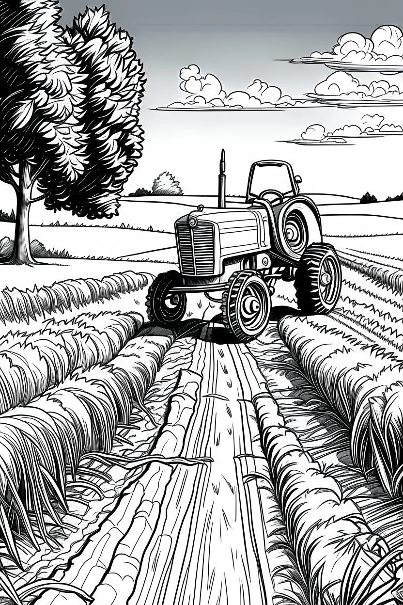 Outline art, no shading, tractor on the road, cartoon style, black and white, low detail, --ar 9:11