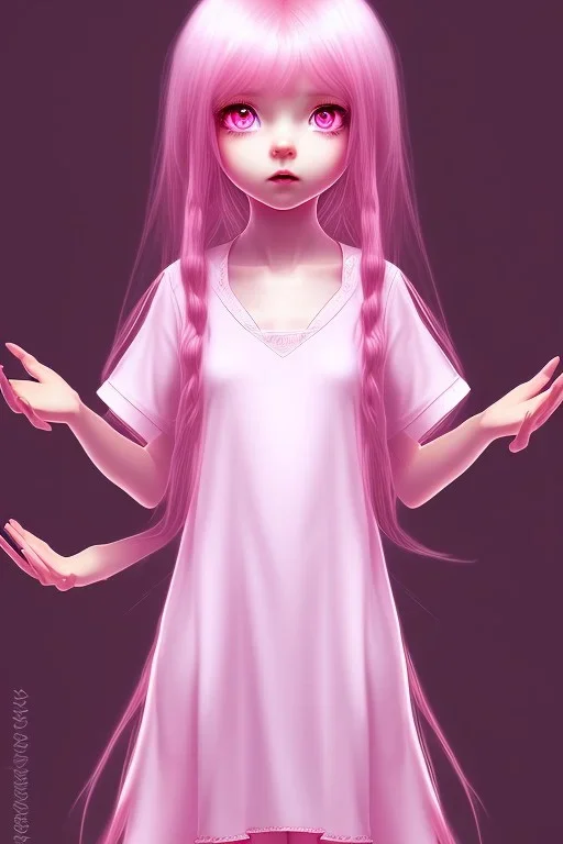 Loli wearing long nightgown, hands behind back, wholesome, innocent, long pink hair, tilted head