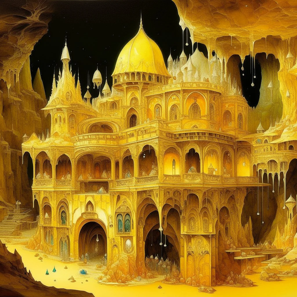 An orangish yellow palace with crystals, gems, and relics designed in cave paintings painted by Zhang Lu