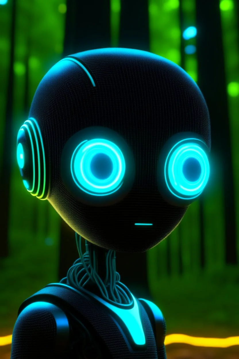 cute tron neon robot head with monocle, adorable cute chat robot with short punk hair and real human reflective eyes, tron forest world, its such a perfect day, motion blur, smoke, 8k, downlight, soft light, depth of field, photorealism, trending on art station, lotsa detail