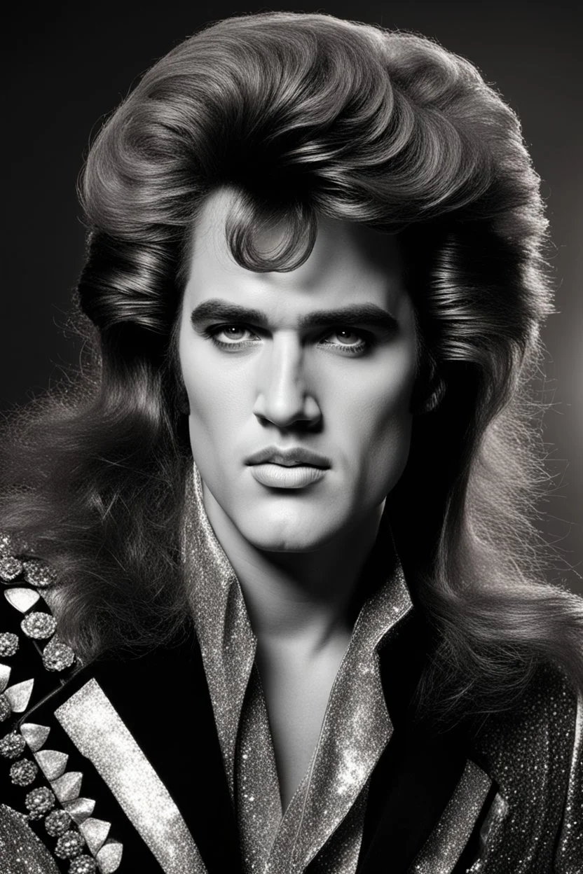 What Elvis Presley would look like if he were in a 1980s, big hair, glam rock band that wears facial makeup and crazy costumes