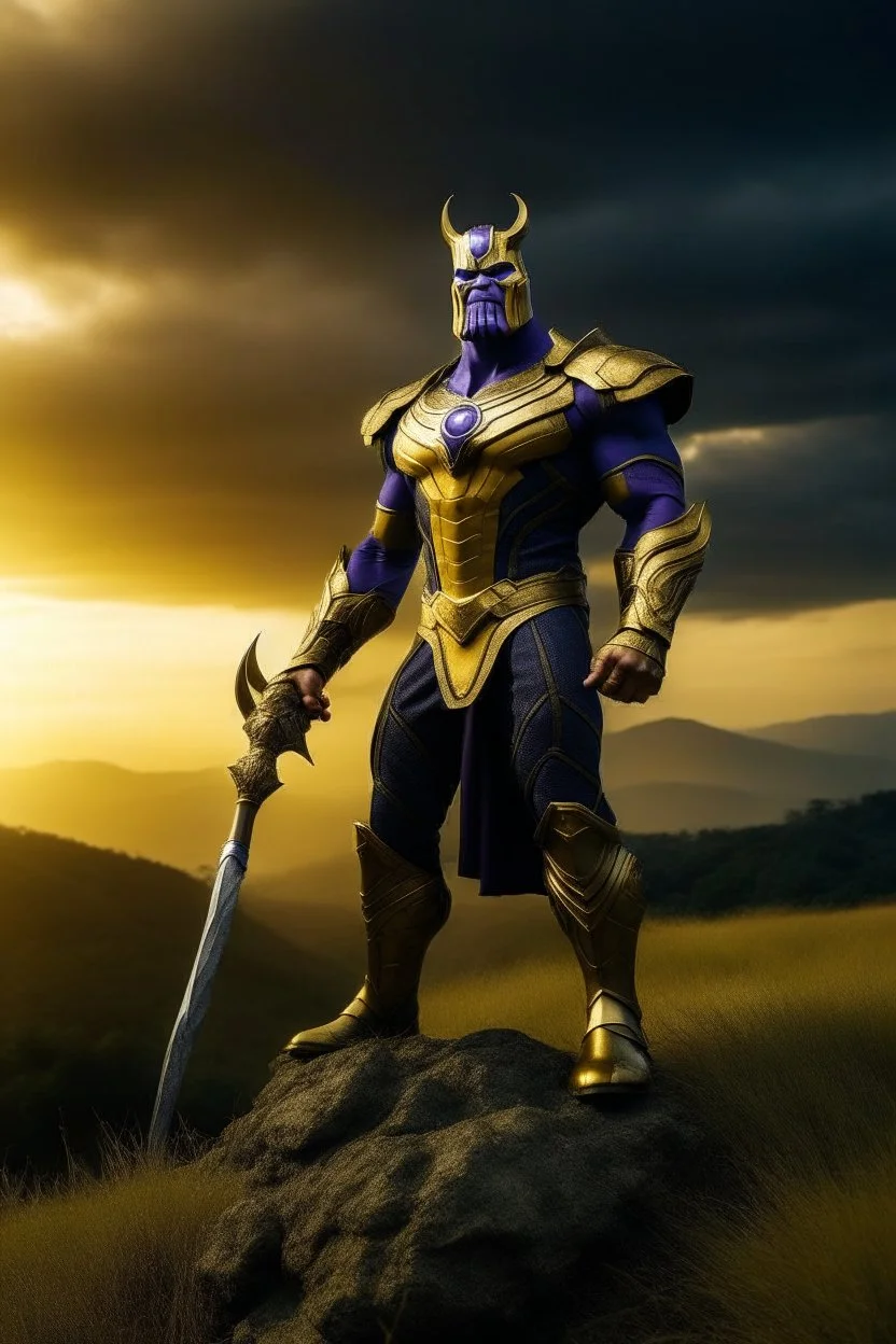 Thanos, the commander of the army of aliens and the king of the entire galaxy, is ready to go on a campaign with his two large swords, his very beautiful and impenetrable armor with his golden helmet, standing on top of a hill with his sword with infinity gauntlet