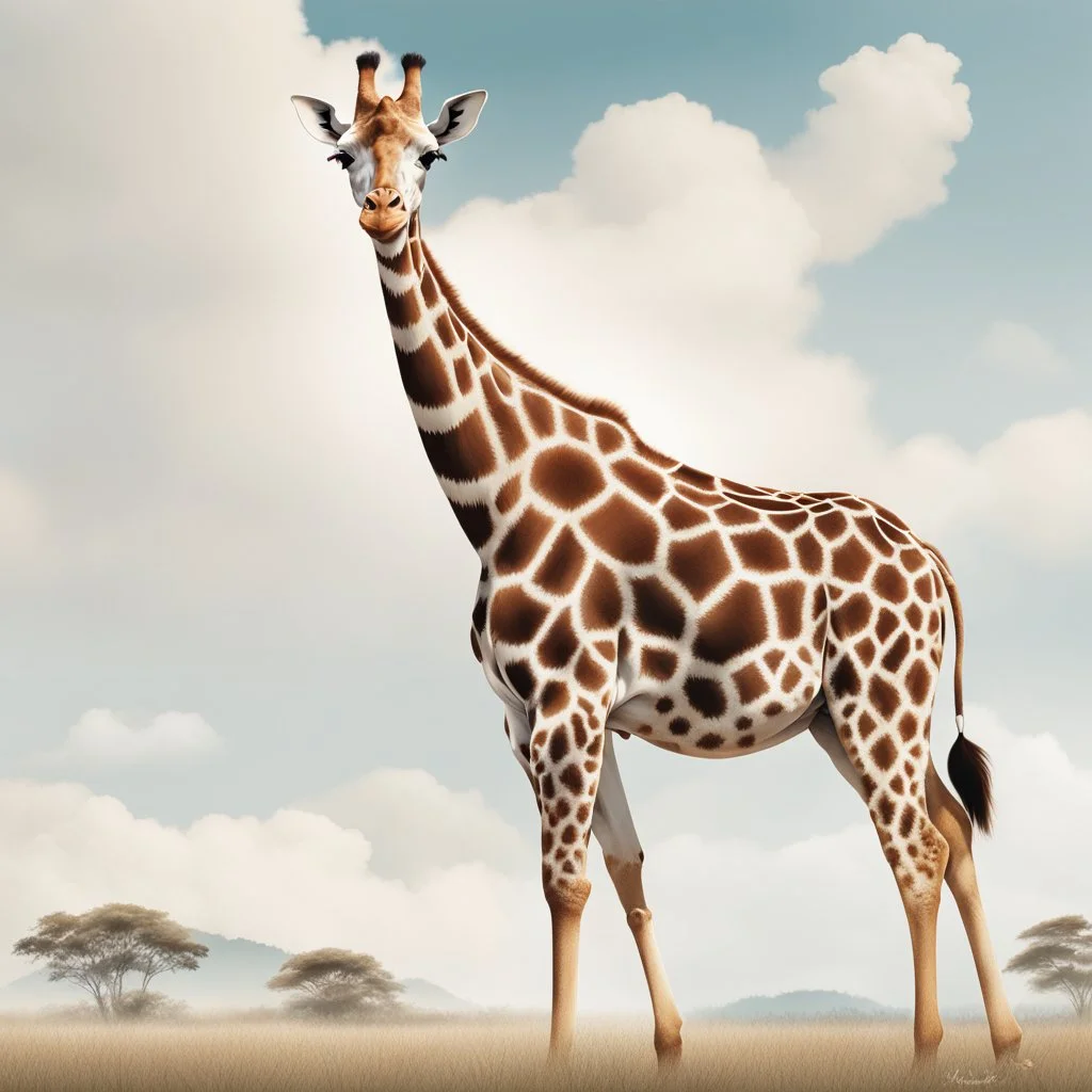 Draw an lineal illustration of a giraffe, ultra quality, detailed, 8k, full body, clear sky with clouds