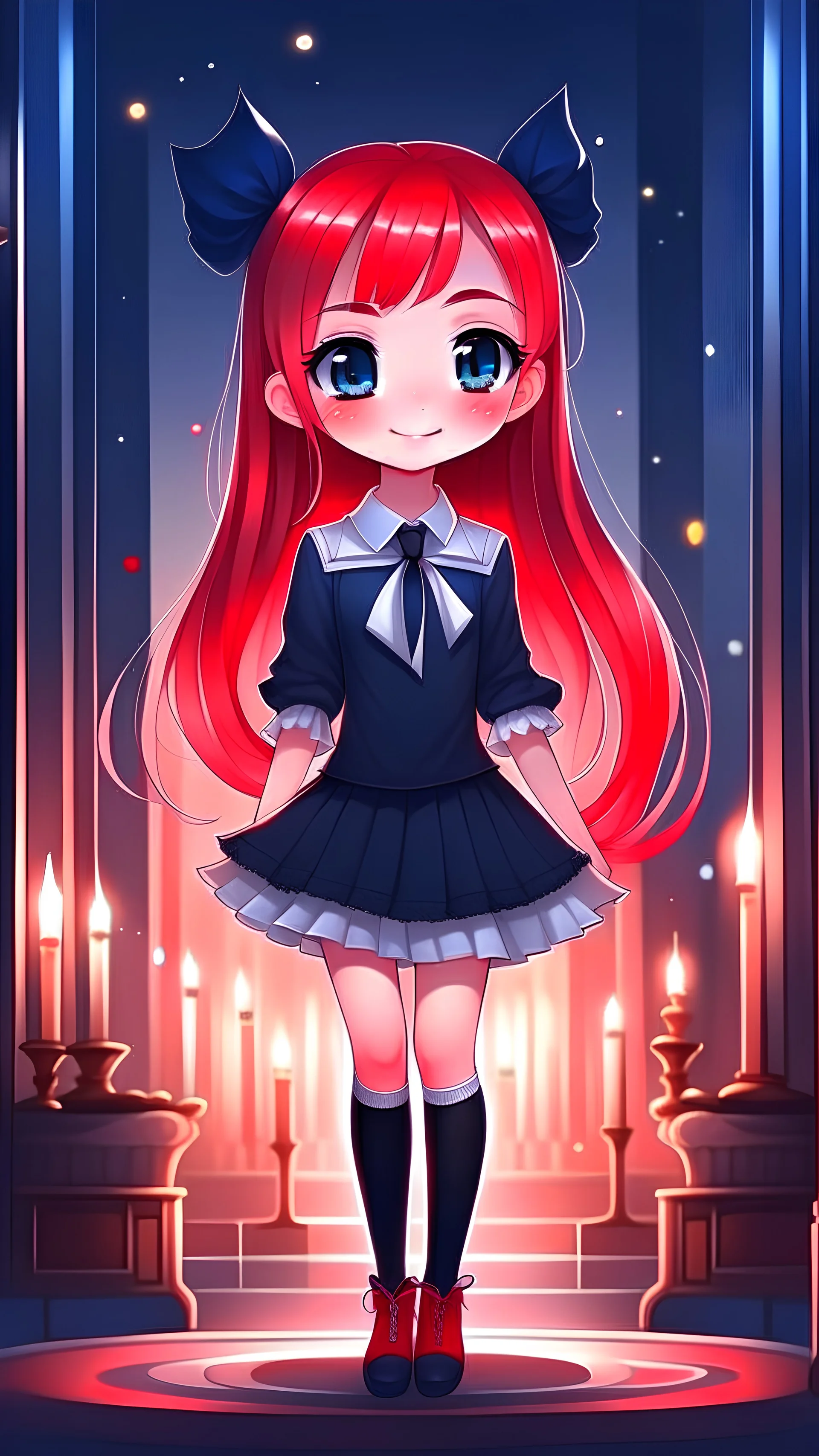 1 girl, chibi, cute, white skin, hand is wearing socks, HDR, UHD, 8K, best quality, masterpiece, Cinematic Lightin, slender, fashion style, Mashort eyebrows, black eyes, devil pupils, parted lips, smile, swept bang, braid, very long hair, light red hair, stockings, high heels, tiara, long dress