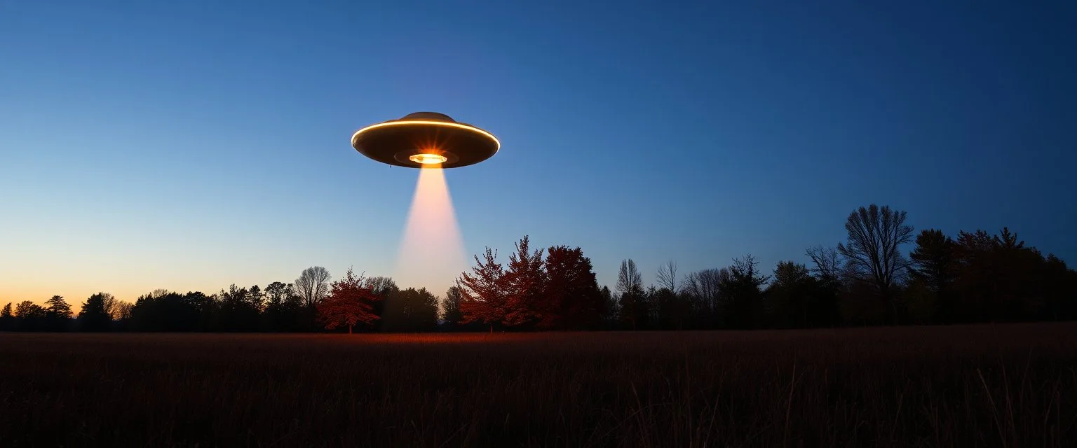 flying saucer ufo in autumn evening field shooting a cone of light upwards to the sky down to another sauver