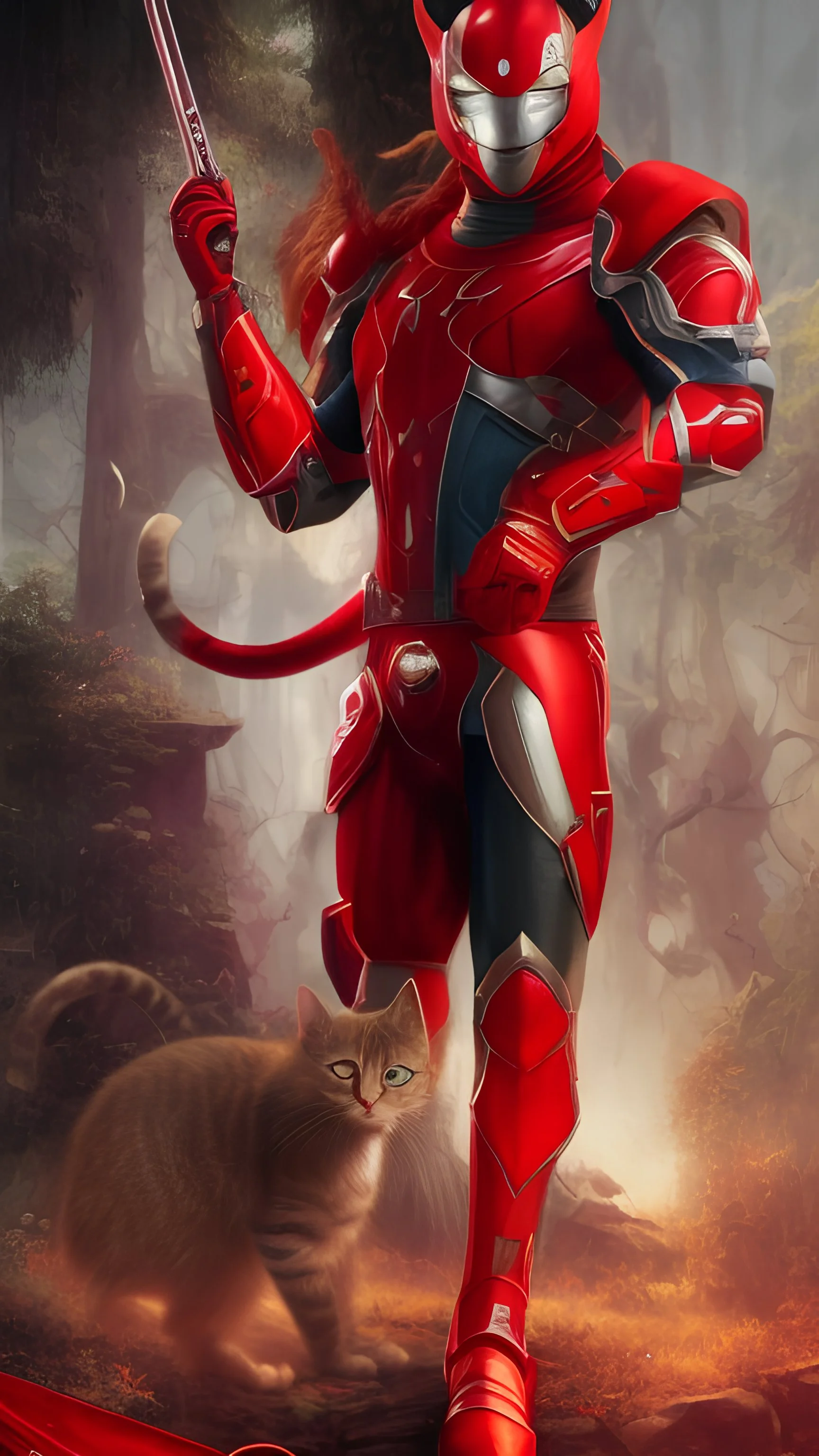 Iconic Cat-Man, red and silver, ultra-detailed armor, cat with eye mask, anime, dynamic shot, richly saturated colors, full height, arms, legs, footwear, cinematic backlighting, hyper-realism, unparalleled detail, 8K, concept art, intricate textures , timeless masterpiece, enhanced AI, GAN, depth of field, neural network,