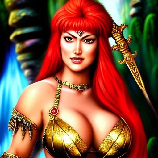 ultra detailed fullbody portrait of busty beautiful Red Sonja, extremely detailed digital painting, intrincate, extremely detailed smiling face,crystal clear Big Green eyes, in the style of Ohrai Noriyoshi and robert e howard and pablo oliveira and Ken Kelley and Keith Parkinson,mystical colors,perfectly centered image, perfect composition, rim light, beautiful lighting,8k, stunning scene, raytracing