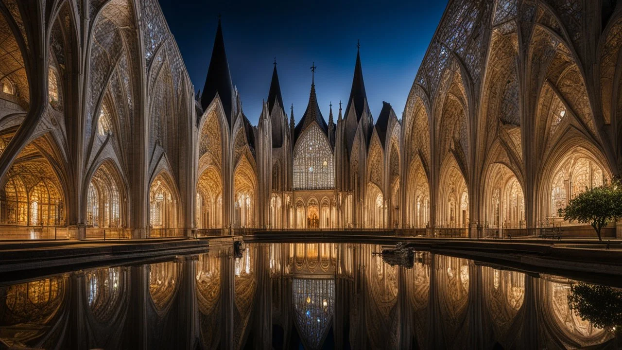 2025, delightful, sensitive, confident, undulating sinusoidal cathedral with pointed hyperbolic roofs, delicate, night, darkness, water features, exquisite architecture, innovative design, award-winning photograph, beautiful composition, filled with beautiful detail, delicate colour, chiaroscuro