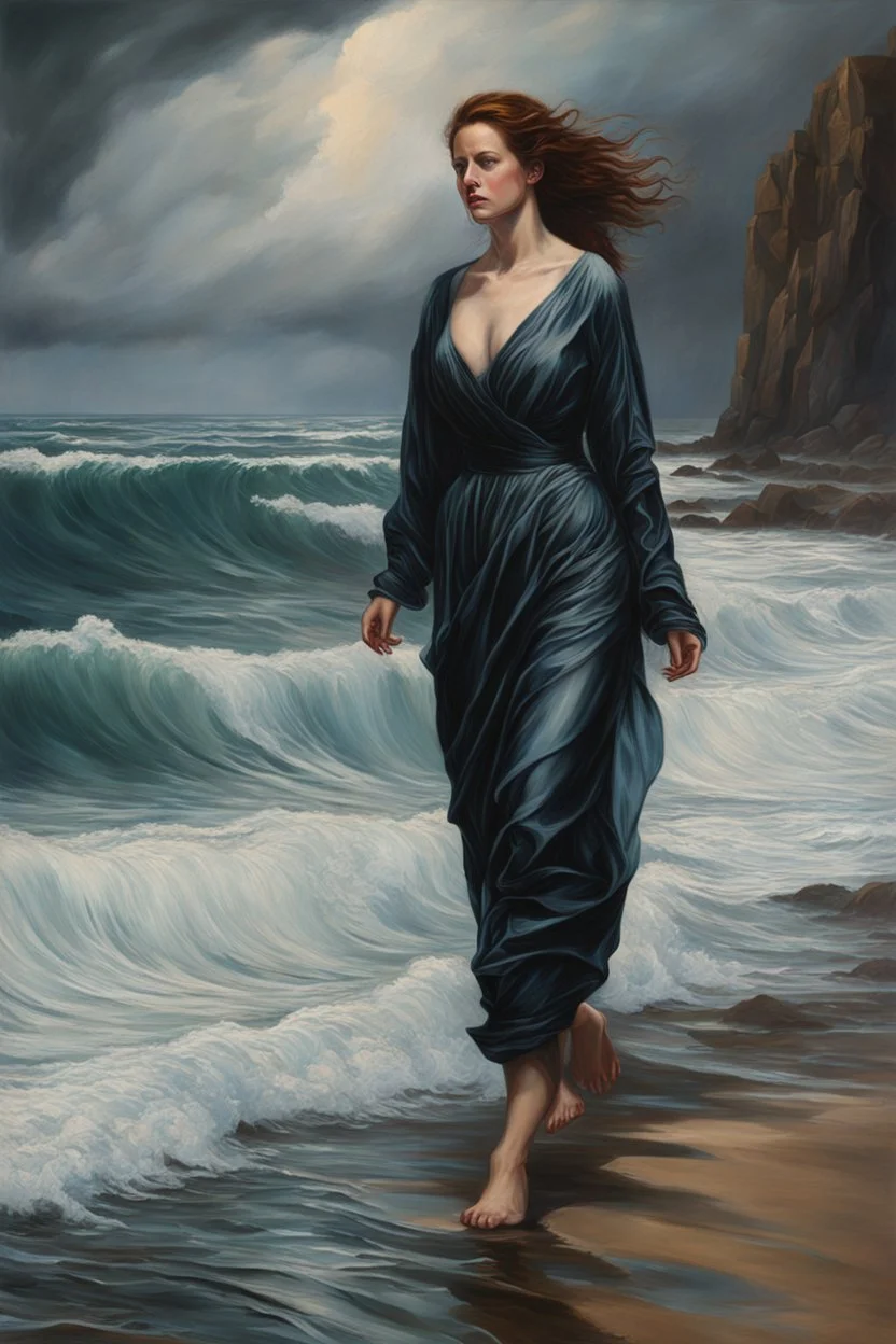 create a classical-abstract-realist sci-fi fantasy full body portrait painting of a lonely distraught woman with highly defined facial features, walking on the shore of a tempestuous sea in the style of Donato Giancola, Hans Memling, Titian, and Caravaggio, 8k, highly detailed, otherworldly and fantastic