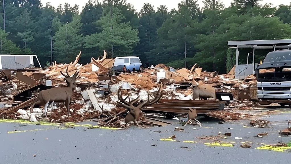 the deceased fawn's family deer raid moving truck company parking lot making a lot of destruction