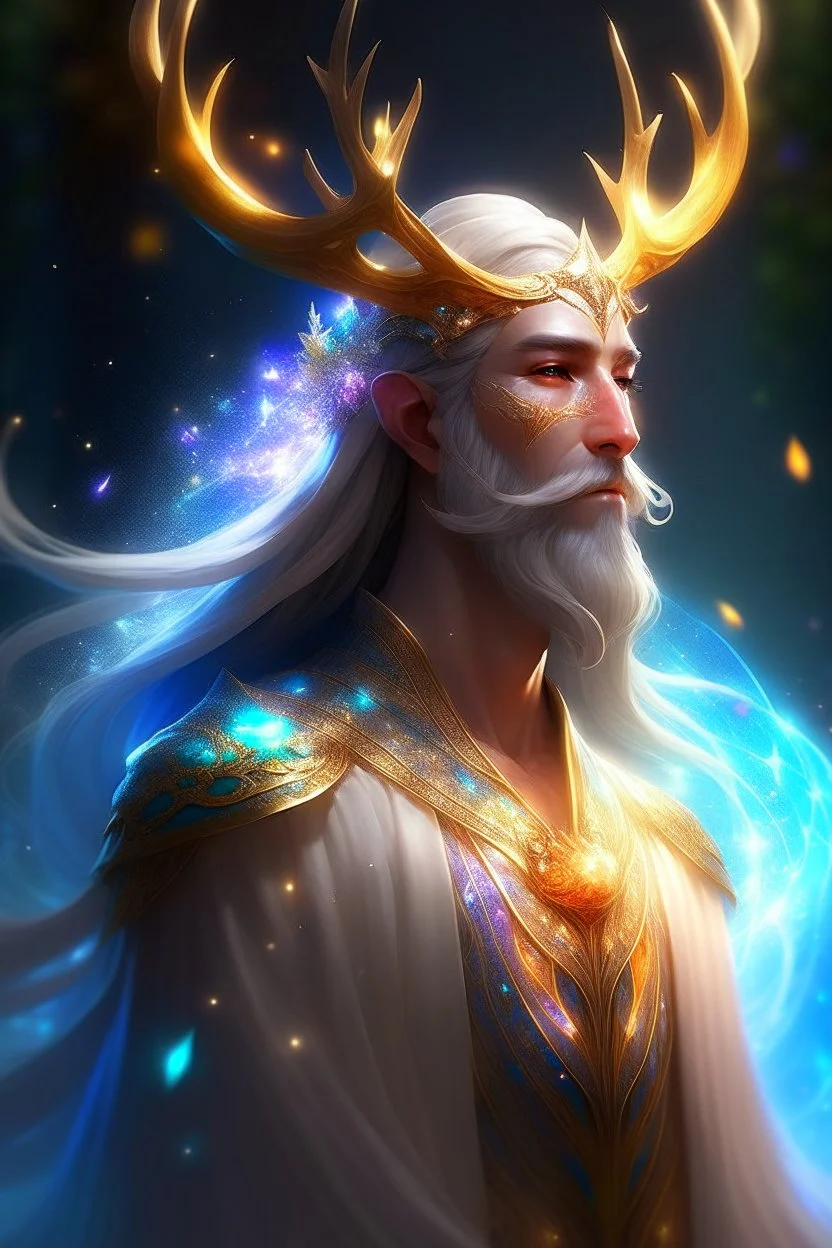 Eladrin Male antlers druid beard sparkling radiance prismatic shining starlight enshrouded