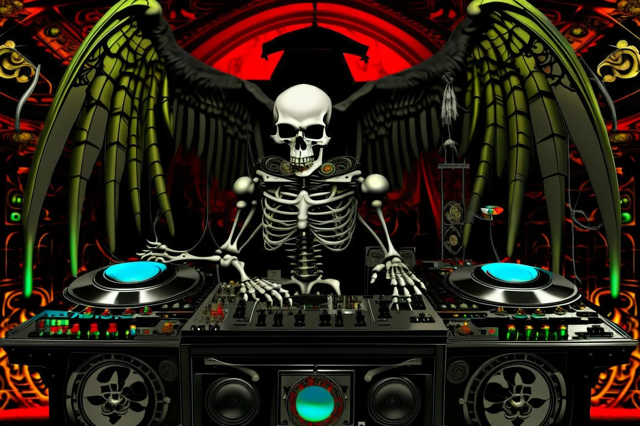 DJ of the damnded, insanely detailed DJ booth in hell, MID set, speakers and equipment made of bone, anatomically correct,