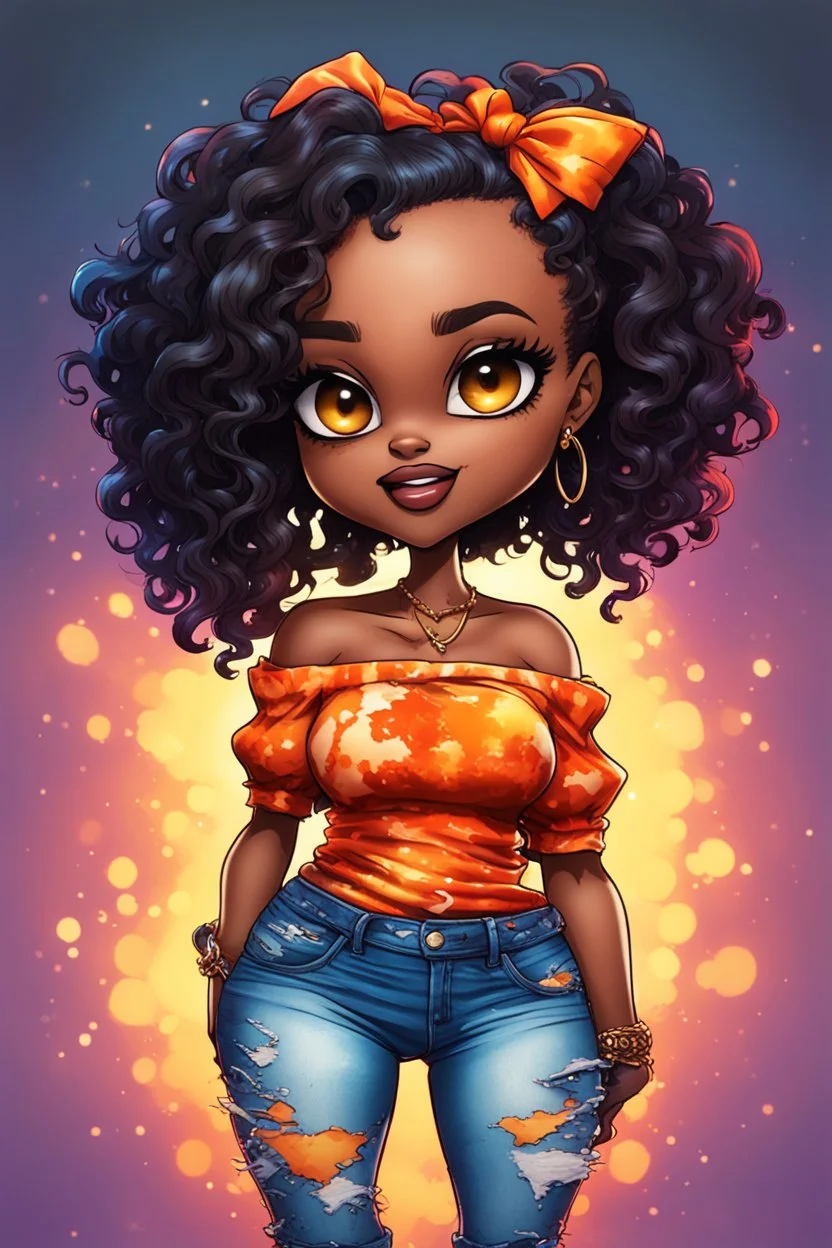 vibrant psychedelic comic book image, airbrush, 8k, cartoon art of a chibi curvy black female wearing torn jeans pants and a orange tie dye off the shoulder blouse. Prominent make up with lush lashes. Highly detailed sleek wavy ponytail