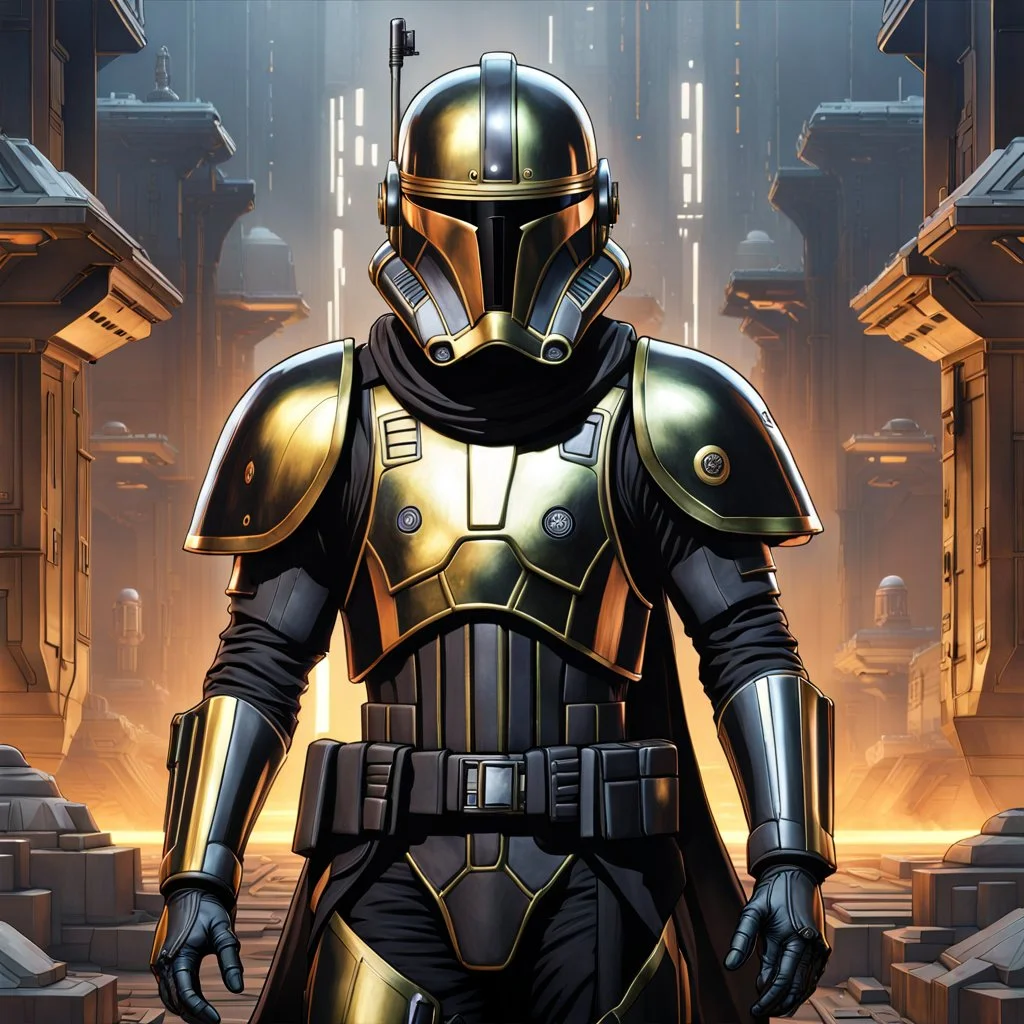 star wars bald male corellian pilot wearing pearlescent black and gunmetal grey First Order special forces heavy assault stealth commando armor and helmet with gold trim inside the jedi temple, hyperdetailed, dynamic lighting, hyperdetailed background, 8k resolution, volumetric lighting, light skin, fully symmetric details